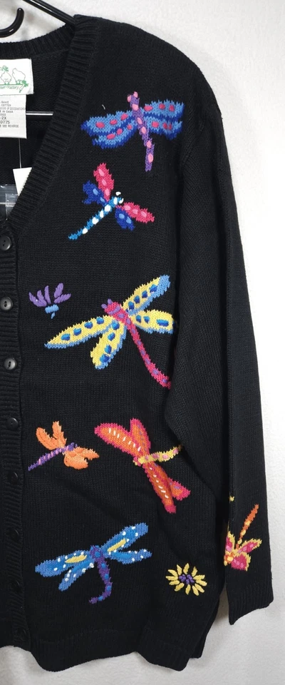 The Quacker Factory Women's Embroidered Dragonfly Cardigan Sweater Size 2X - Image 3 of 4