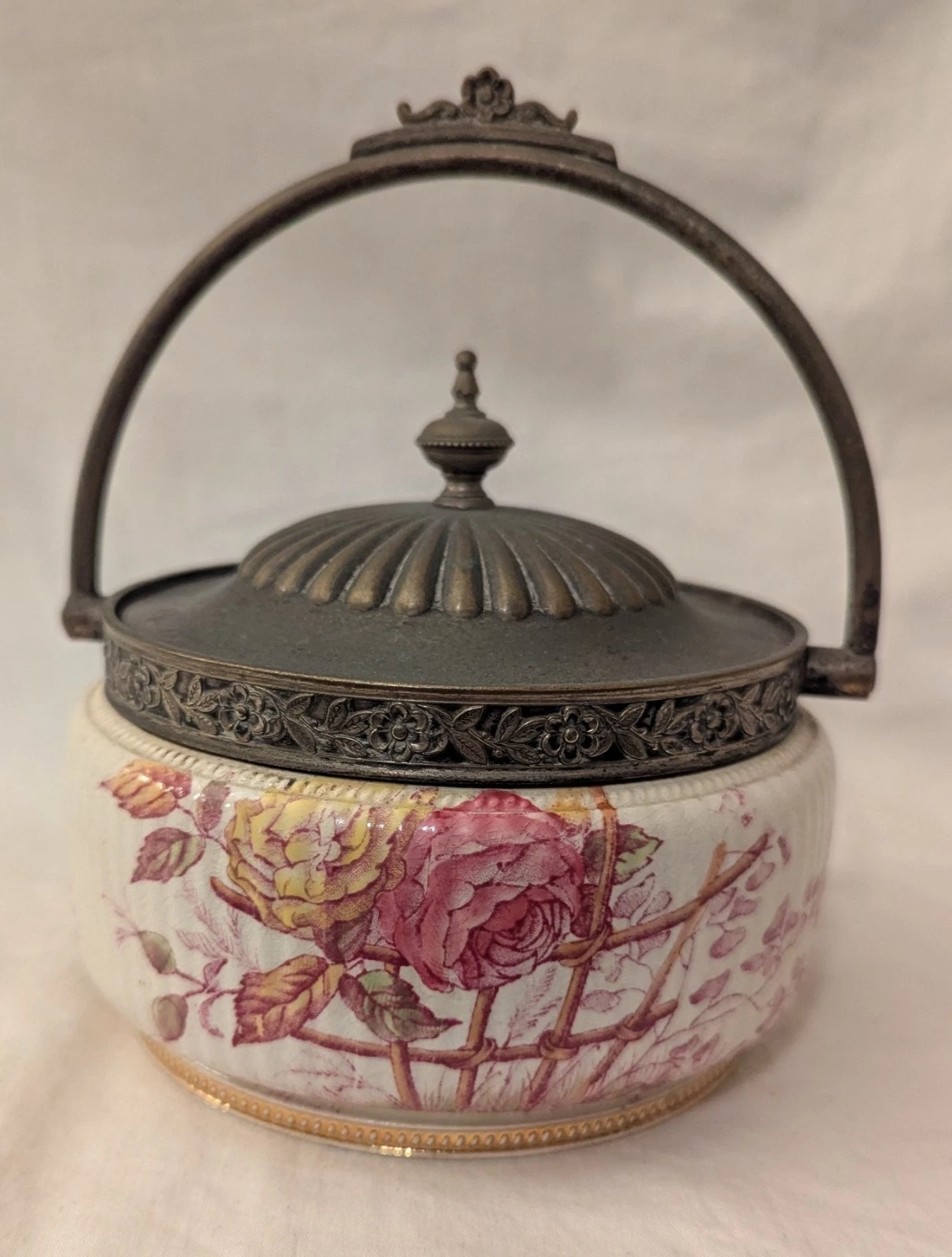 Antique Chatsworth Ceramic & Metal Butter Dish with Swivel Handle