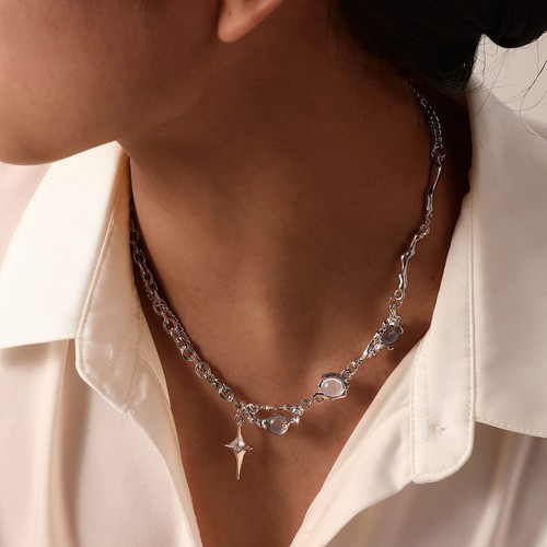 Y2k Irregular Necklace for Women Silver Pendant Design Collar Chain Star - Picture 4 of 7