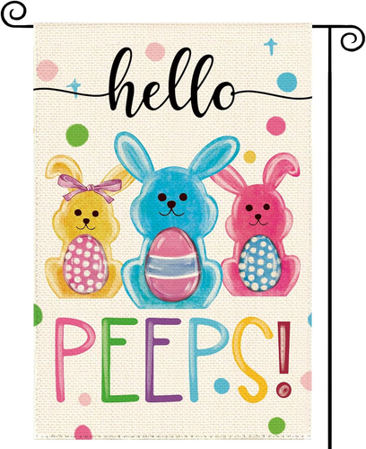 Easter Bunny Garden Flag 12 X 18 Inch Double Sided Burlap Hello Peeps Cute Rabbi