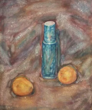 Vintage watercolor painting post impressionist still life with vase and fruits