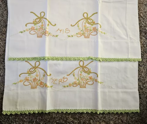 Vintage Hand Embroidered Flower Basket HERS & HIS Pillow Case Set