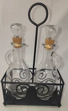 Vintage Glass Oil and Vinegar Cruet Set with Stoppers in Caddy Holder