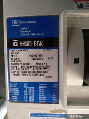 Cutler Hammer 1200amp Circuit Breaker HNC 65K