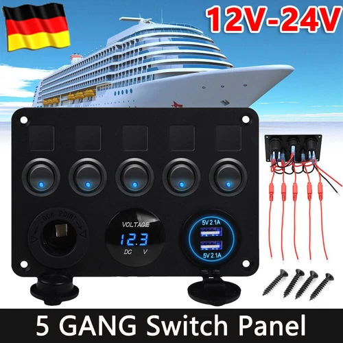 5 Gang LED Schaltpanel für Auto Boot Schalter Schalttafel Voltmeter USB 12/24V - Bild 1 von 11