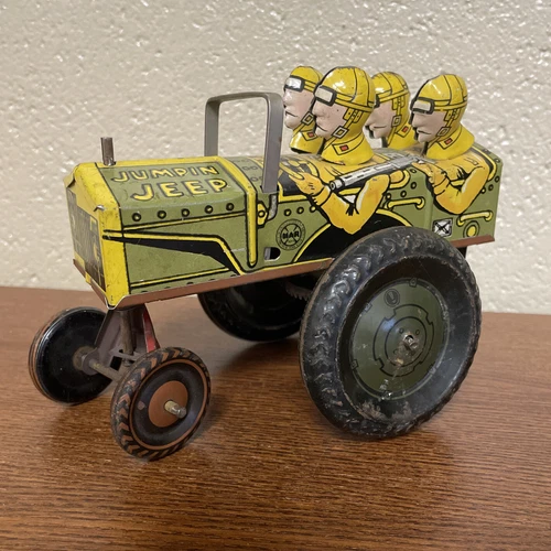 Vintage 1940's Tin Litho Louis Marx JUMPIN' JEEP 22C Toy USA Wind Up Military