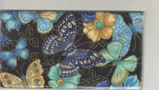 BUTTERFLY CHECKBOOK COVER  NEW  FLOWERS NEW BLUE AND GOLD FABRIC SIDE TEAR