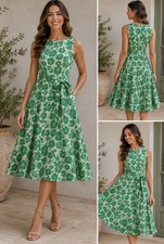 Eliza J Green Floral Fit & Flare Dress Size 2 Sleeveless Belted Midi