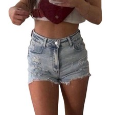 New Small Distressed Raw Hem Denim Shorts Blue Acid Wash Jeans High Rise Stretch