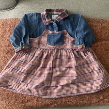 Vintage 90 s Baby Gap Denim/ Plaid Dress Size 12-18 Mo. Wood Buttons Collar EUC