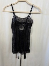 Victoria's Secret Sheer Black Lace Chemise Sz XS Lace Up Back Garter Straps