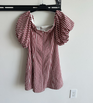 Women's Red/White Gingham Smocked Puff Sleeve Square Neck Mini Dress M