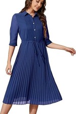 NWT Women V Neck 3/4 Sleeve Pleated A-Line Midi Dress w/Belt - Royal Blue SZ L