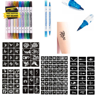 Temporary Tattoos Stencils Kits,10 Assorted Colors Body Markers + 131 Large Tatt