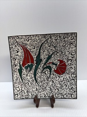 Turkish Iznik 16th C. Tile Ceramic Plate Handmade Tulip Garden Black White 8.5''