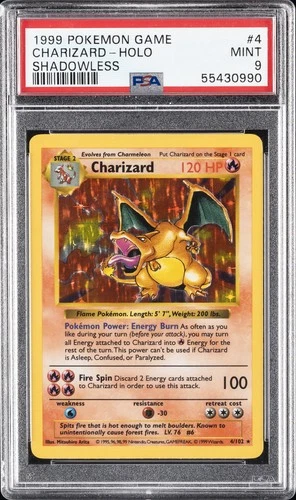 1999 POKEMON BASE SET SHADOWLESS #4 CHARIZARD-HOLO PSA 9