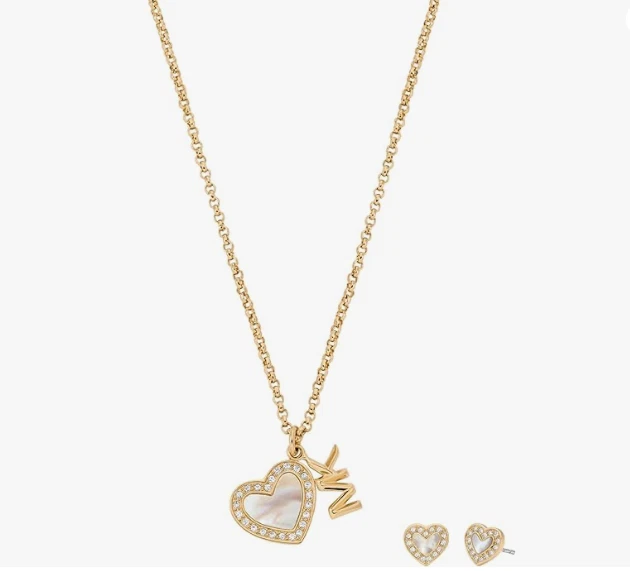 Conjunto de regalo de pendientes y collar Michael Kors tono dorado para mujer MKJ8399SET NUEVO EN CAJA Foto 2 de 4