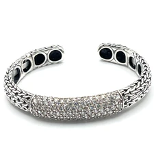 Bracelet Cuff Double Hinged Size 6.75" Woven w Rhinestones Sterling 925 - 33.6 g