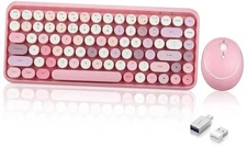  PERIDUO-713 Wireless Mini Keyboard and Mouse Combo, Retro Round Key Caps, Pink