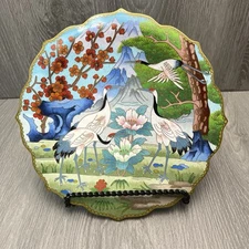 Antique Japanese Japan Cloisonne Cranes Flowers Scalloped Plate Decorated