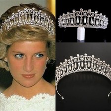 Vintage Silver Color Queen Princess Diana Crown Crystal Pearls Diadem For Bridal