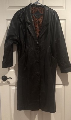 Vtg 90s Jacqueline Ferrar LongTrench Black Soft Leather Coat Medium Button Front