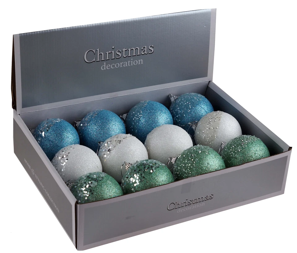 Glitter Christmas Baubles Decorations - Blue White Green Glitter - Set of 12