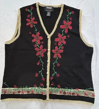 Vtg Designers Studio Joy Christmas Sweater Vest Embroidery Poinsettas Beads FLAW