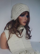 IVORY BONE HAND CROCHET HAT SCARF SET HAND MADE HIPPIE BEANIE TAM SKI CAP