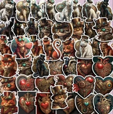 10pcs Steampunk Cat & Heart Stickers- Scrapbook, Journal, Diy Crafts & Cards