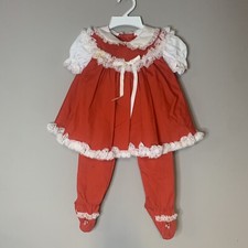VTG Bryan Red White Lace Ruffle Dress Pants Girls 6-9 Months Xmas Holiday