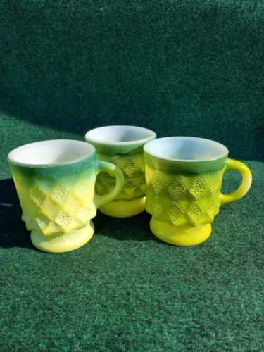 Fire King Anchor Hocking Kimberly Green/Yellow D Handle Coffee Cups 3 Set VTG 