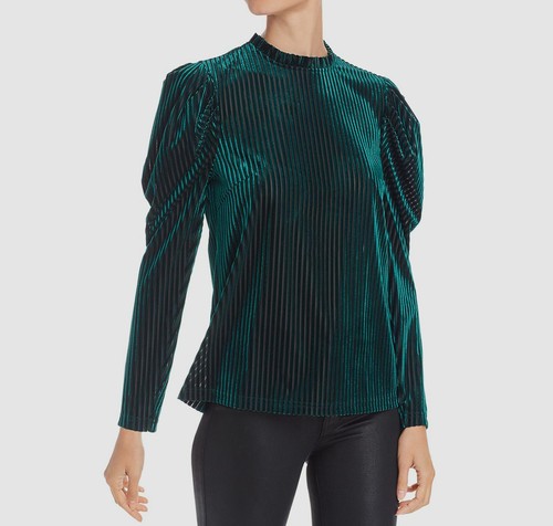 NEW $135 Aqua Women's Black Green Velvet Long-Sleeve Mock-Neck Blouse Top Size M