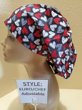 Hearts (chalkboard) Women's  Euro/Chef Surgical Scrub Hat/Cap Handmade