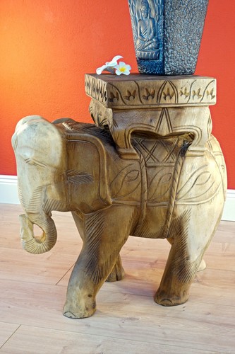 Side Table Elephant Natural Acacia Solid Wood Flower Stool Table Carving - Picture 4 of 6