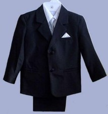BOYS BLACK WEDDING RING BOY TUXEDO SUIT W/ SILVER VEST SIZE 2
