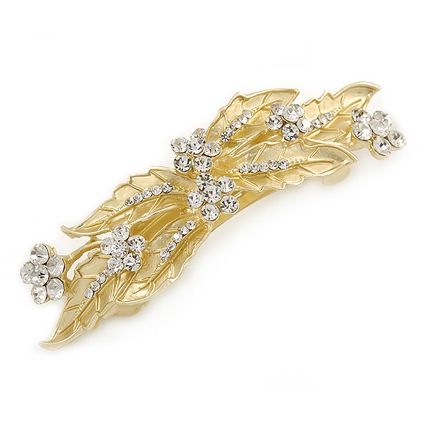 Agarre de pinza de pelo con pasador de hojas y flores de diamante mate tono dorado brillante - 95 mm
