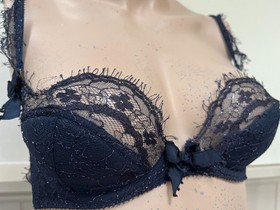 Agent Provocateur Soiree 32C bra & briefs midnight glitter lace SET gardenia