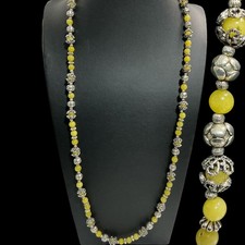Necklace Stone Nephrite Jade Yellow Beads 30  Silver Tone Spacers Up cycled