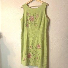 Dress Barn Floral Stitched Green Pink Linen Rayon Shift Dress Fairy Cottagecore