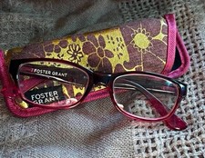 Foster Grant Rectangle Reading Glasses 2.00 Burgundy Plastic Frame, Floral Case