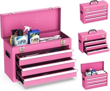 Portable Metal Tool Box, 3 Drawer Steel Tool Box with Top Storage Tray and ca...