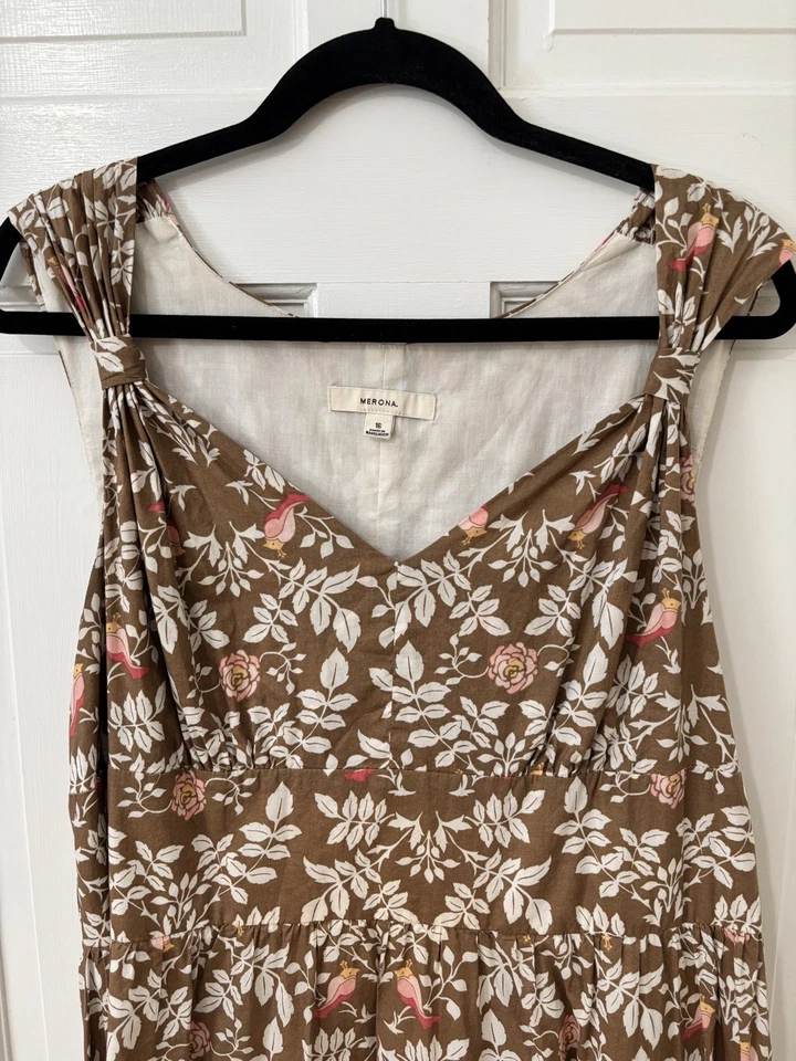 Y2K 复古棕色 Cottagecore 花卉鸟印花合身喇叭裙 14 码休闲 — 第 2/4 张图片