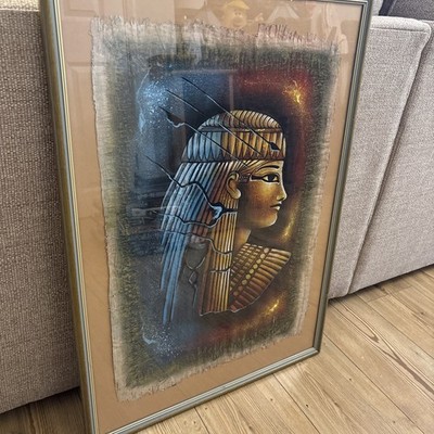 VINTAGE GLAS GERAHMTES BILD ÄGYPTISCHER PAPYRUS MIT CLEOPATRA SIGNIERT 76 X 55