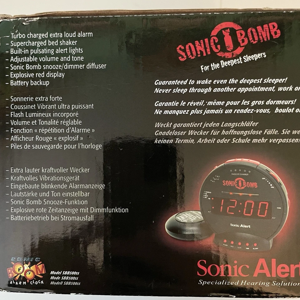 Sonic Bomb Alert Reloj Despertador Doble Extra Fuerte con Agitador de Cama Negro Nuevo Foto 3 de 4