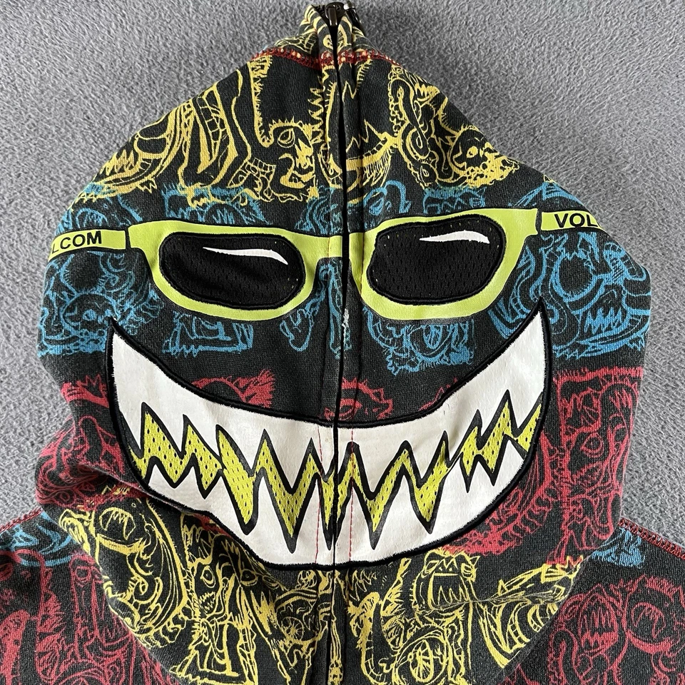 Vintage Volcom Hoodie Mens XL Full Zip Face Monster Mask Graffiti AOP Zip Y2K - Image 3 of 4