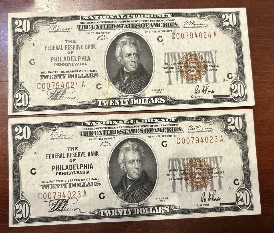 Two CONSECUTIVE 1929 Federal $20 Banknote Currency. Philadelphia - Image 3 of 4