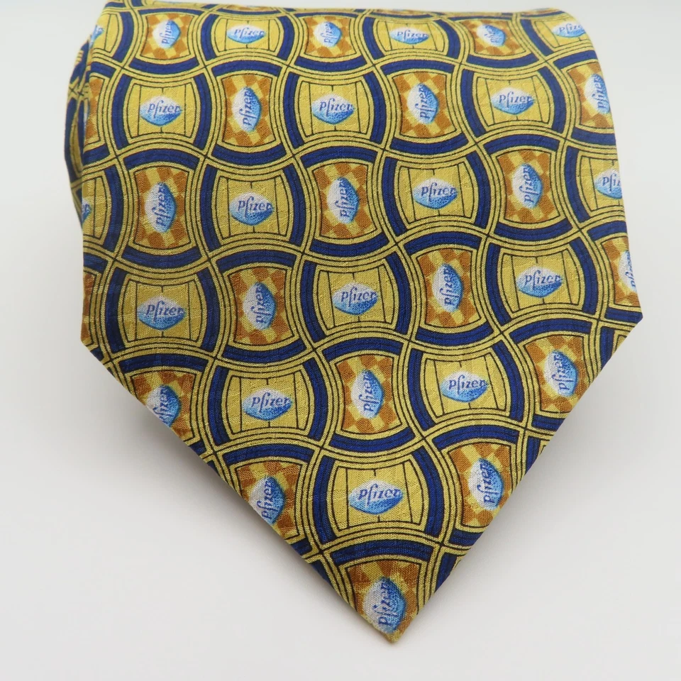 Corbata Pfizer Seda Amarillo Azul Píldora Logo Lunares 3.75" Ancho 56" Largo Foto 2 de 4