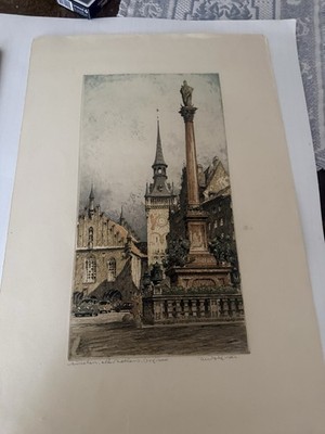 Rudolf Veit Colored Etching Print Marienplatz Munchin Germany Signed ,