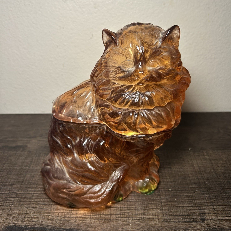 Vintage Mosser Glass Fluffy Kitty Cat Covered Dish Jar Marigold Amber Carnival